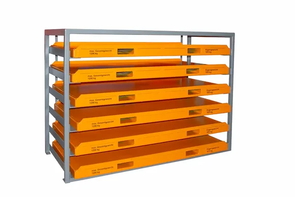 Graues Kassettenregal mit mehreren orangefarbenen ausziehbaren Blechkassetten zur Lagerung schwerer Bleche und Platten.