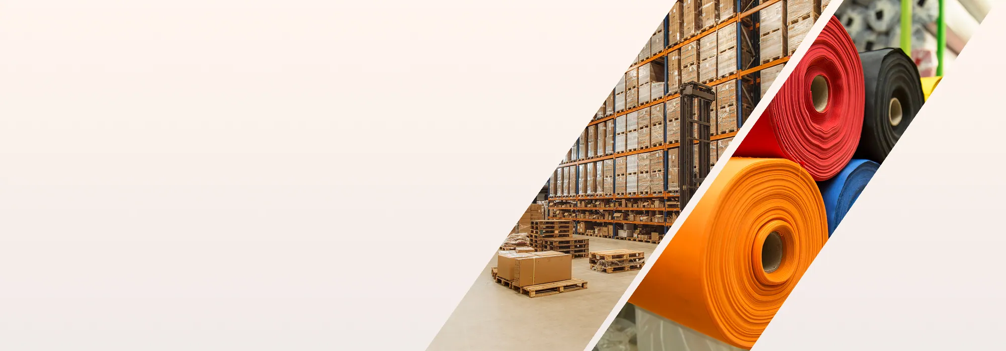 Headerbild mit Lagerhalle voller Palettenregale sowie farbigen Materialrollen in Rot, Orange, Blau und Schwarz, grafisch durch diagonale Flächen getrennt.