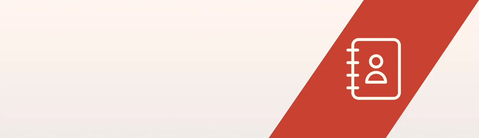 Minimalistisches Kontakt‑Icon auf beigem Hintergrund mit rotem Diagonalstreifen; ein weißes Adressbuch‑Symbol mit Personen‑Icon steht für Kontaktverwaltung, Nutzerprofile und Kommunikationsdaten.